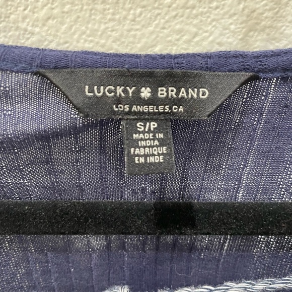 Lucky Brand Navy Blue Boho Hippie Peasant Blouse Tassel Tie Front Small - Picture 8 of 11